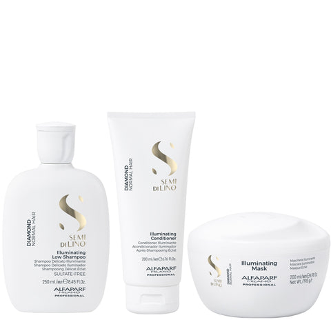 ALFAPARF Kit Shampoo, Acondicionador  y Mascara Diamond Iluminador Semi di lino