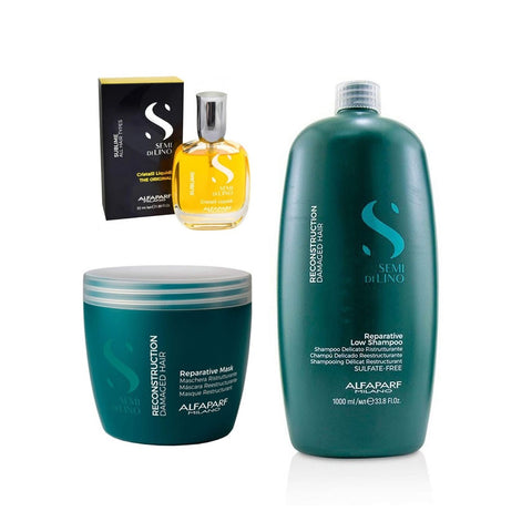 ALFAPARF Kit Shampoo 1000 ml+ Mascarilla Reconstrucción + Cristal líquido Semi Di Lino