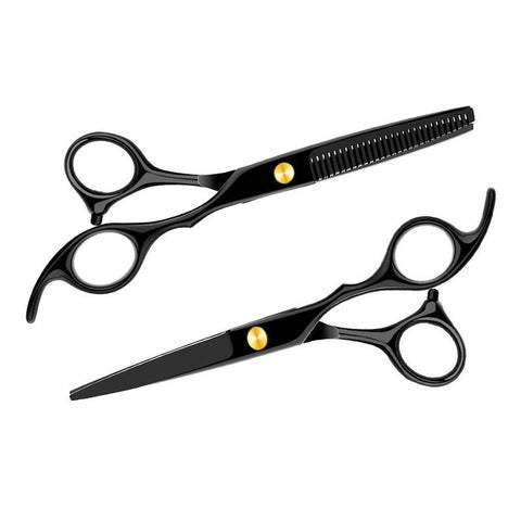 Set Tijeras Filo Navaja + Entresacadora con Estuche Cuero (Tijeras Negras)