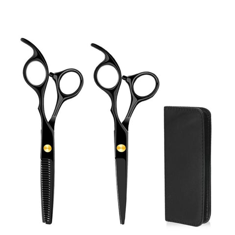 Set Tijeras Filo Navaja + Entresacadora con Estuche Cuero (Tijeras Negras)